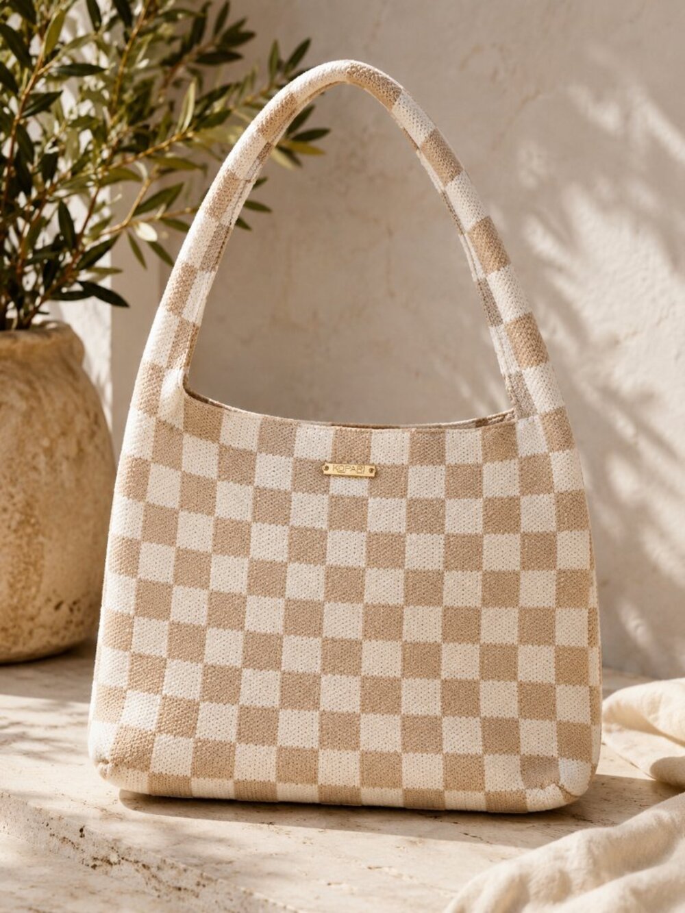 NEW Kopari Limited Edition Checkered Knit Tote Cream Tan Resort Shoulder Bag - Picture 4 of 10